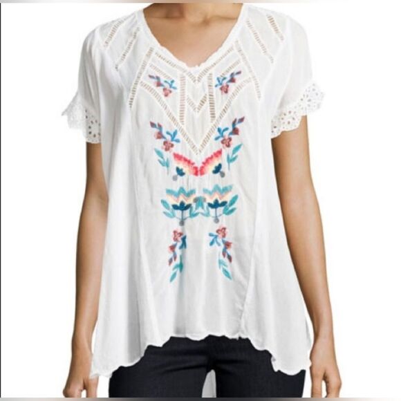 Johnny Was White Short Sleeve Blouse Embroidered Floral Detail v neck Size Xs - Picture 1 of 11